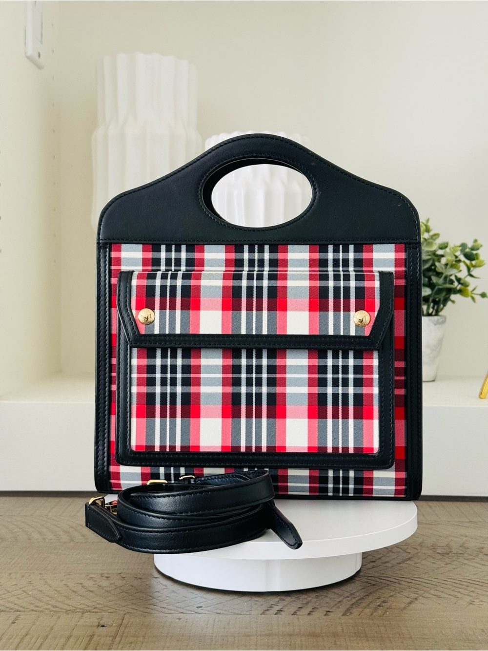 Burberry Pocket Bag Plaid Tote Crossbody Red Black Check Leather Trim